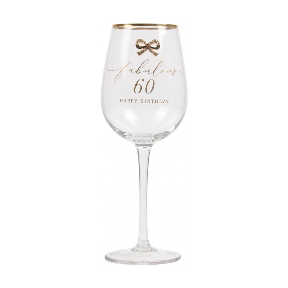 Madelaine 60th Script Bow Champagne/Red Wine Glass Stemmed Clear Gold