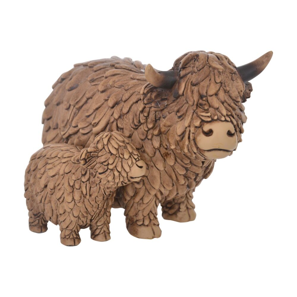 Gibson Gifts Hughie Highland Cow and Calf Figurine Set - Textured Resin Decorative Figurines - Brown Polyresin Material - Rustic Farmhouse Decor -