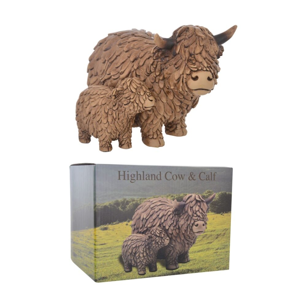 Gibson Gifts Hughie Highland Cow and Calf Figurine Set - Textured Resin Decorative Figurines - Brown Polyresin Material - Rustic Farmhouse Decor - — image 4