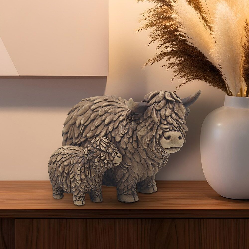 Gibson Gifts Hughie Highland Cow and Calf Figurine Set - Textured Resin Decorative Figurines - Brown Polyresin Material - Rustic Farmhouse Decor - — image 3
