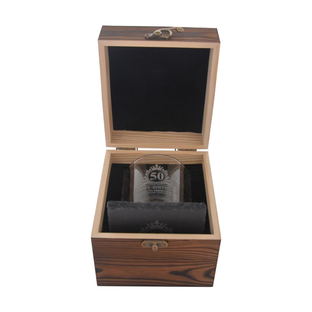 Gibson Gifts 50th Birthday Glass and Coaster Set - Whiskey Glass and Slate Coaster in Burnt Wood Engraved Keepsake Box - Glassware and Drinkware Gift — image 3