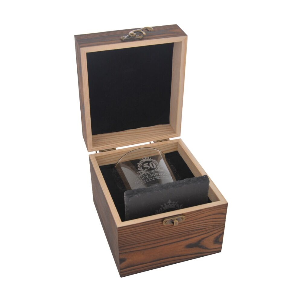Gibson Gifts 50th Birthday Glass and Coaster Set - Whiskey Glass and Slate Coaster in Burnt Wood Engraved Keepsake Box - Glassware and Drinkware Gift — image 4