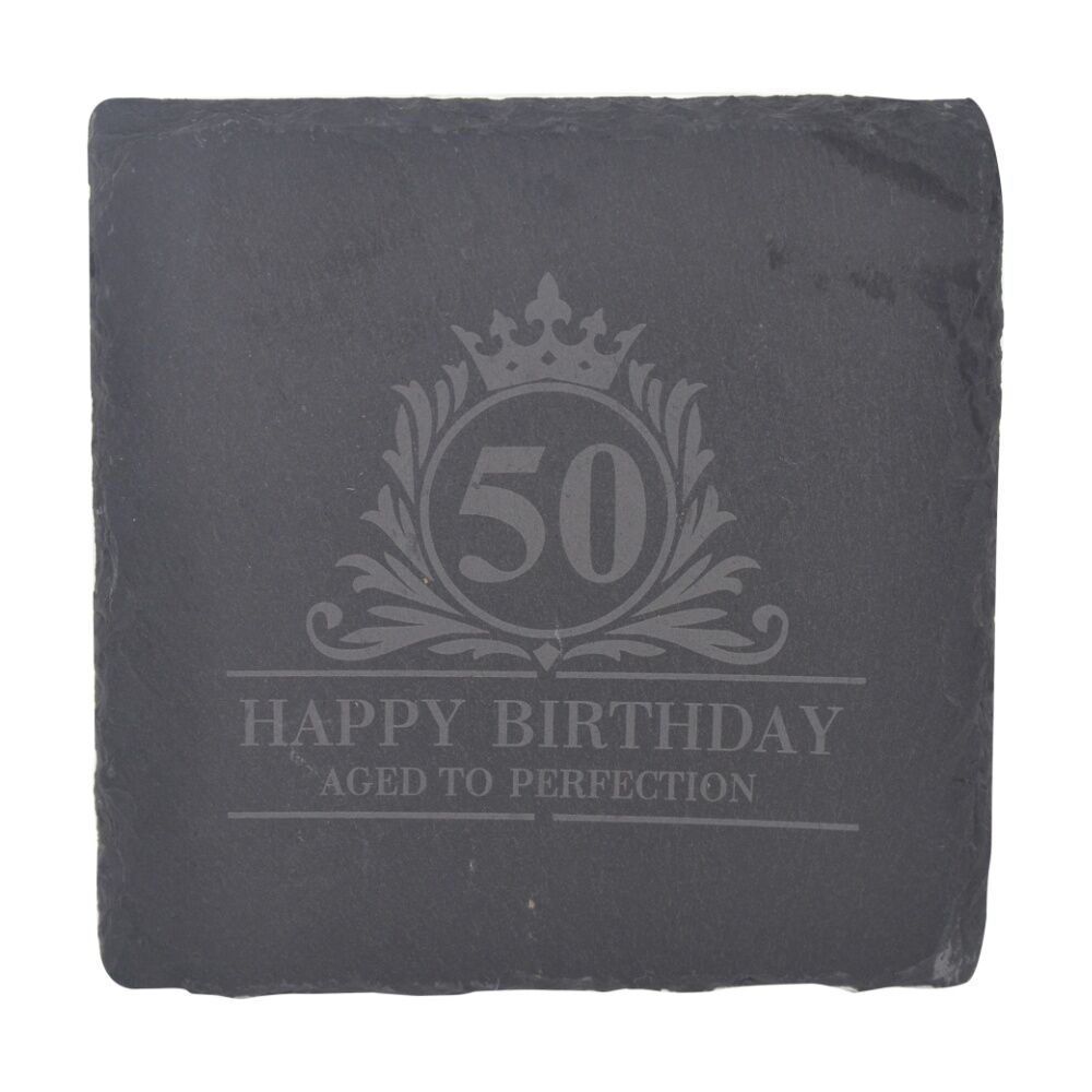 Gibson Gifts 50th Birthday Glass and Coaster Set - Whiskey Glass and Slate Coaster in Burnt Wood Engraved Keepsake Box - Glassware and Drinkware Gift — image 5