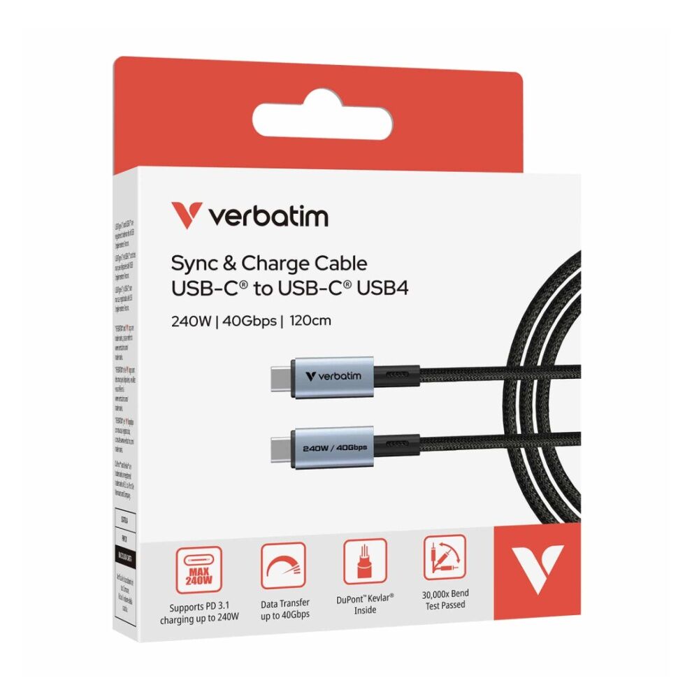 Verbatim 120cm USB-C-to-USB-C 240W 40GPS Device Charger Cable Cord — image 2