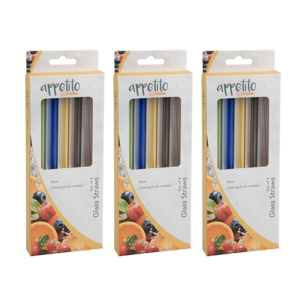 Appetito 4pc Appetito Borosilicate Glass Straw Set Straight 20cm Multi-Coloured (3 Pack)