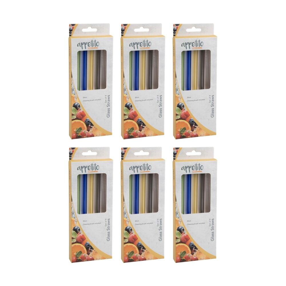 Appetito 4pc Appetito Borosilicate Glass Straw Set Straight 20cm Multi-Coloured (6 Pack)