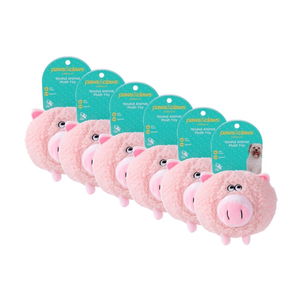 Paws and Claws Plush Round Animal Squeaky Dog Pet Toy 18x18x18cm Assorted (6 Pack)
