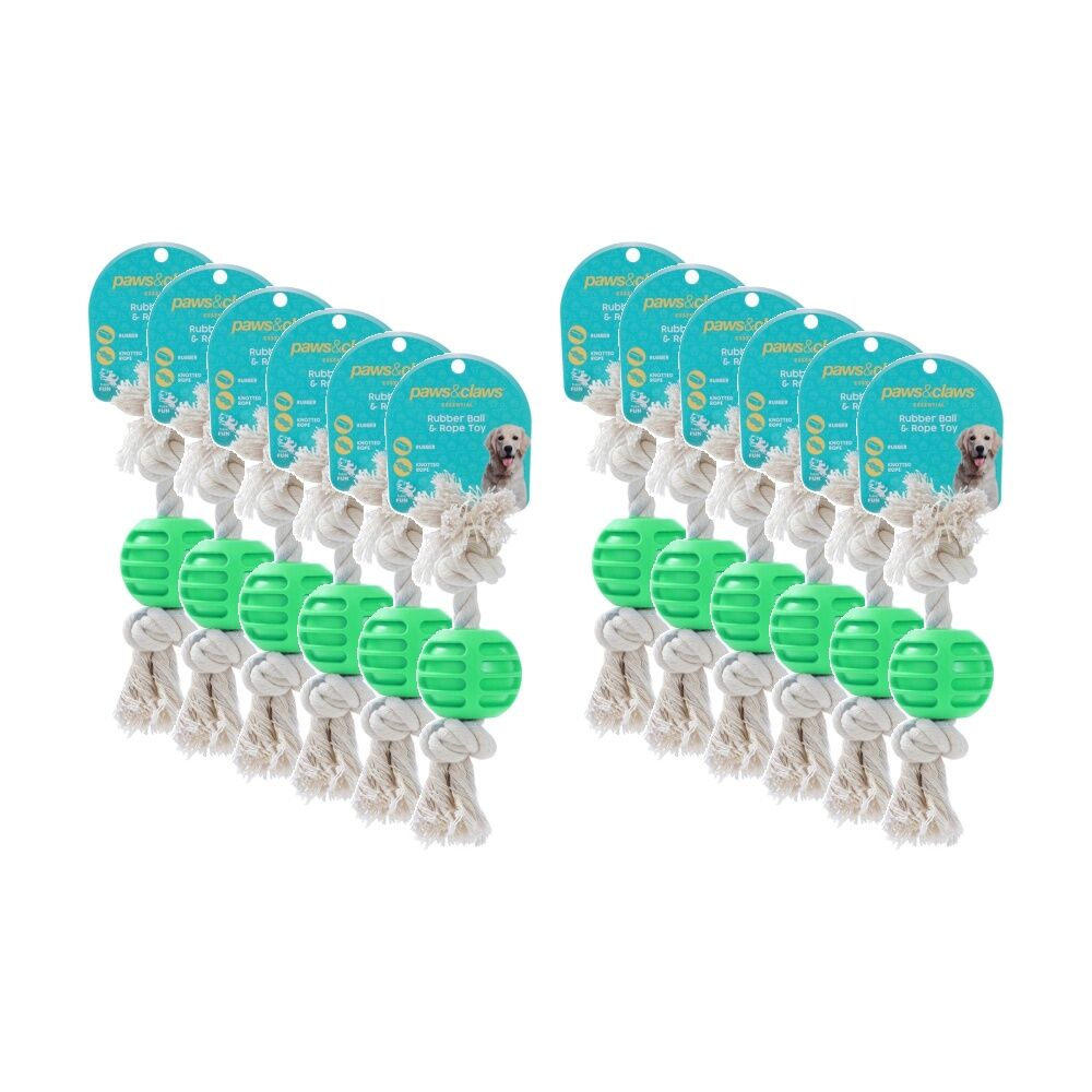 Paws and Claws TPR Ball & Rope Dog Pet Chew Toy 22x6x1.5cm Assorted (12 Pack)