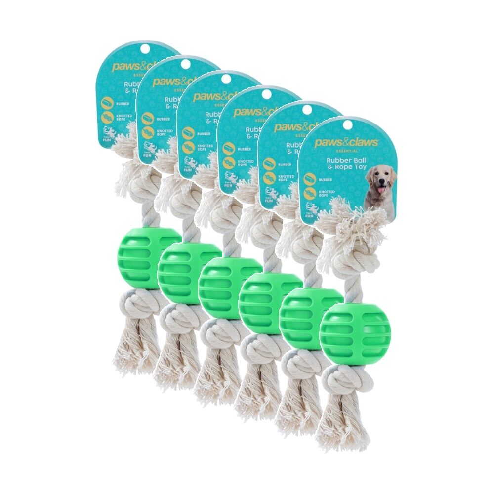 Paws and Claws TPR Ball & Rope Dog Pet Chew Toy 22x6x1.5cm Assorted (6 Pack)