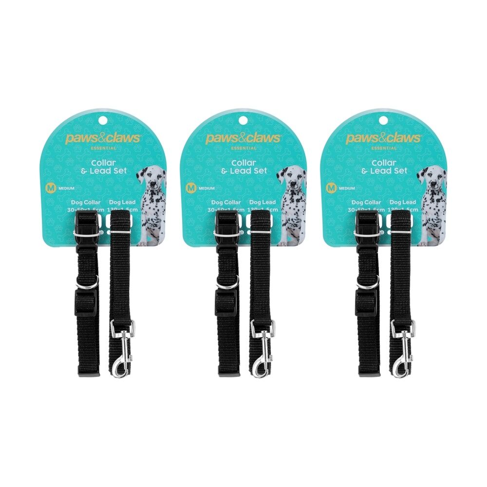 Paws and Claws Essentials Dog Collar & Lead Set Medium 30-50cm 120x1.5cm Asstd (3 Pack)