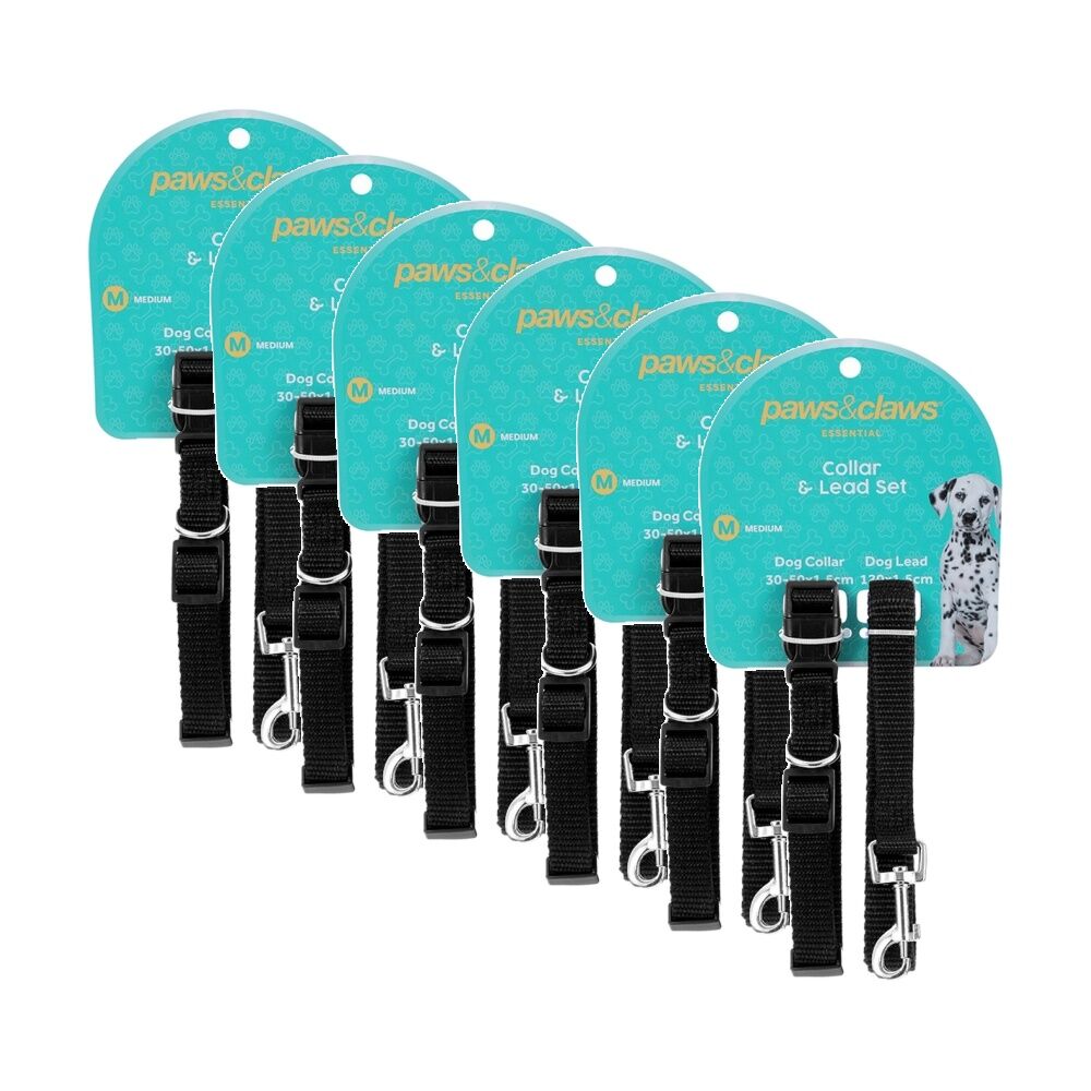 Paws and Claws Essentials Dog Collar & Lead Set Medium 30-50cm 120x1.5cm Asstd (6 Pack)