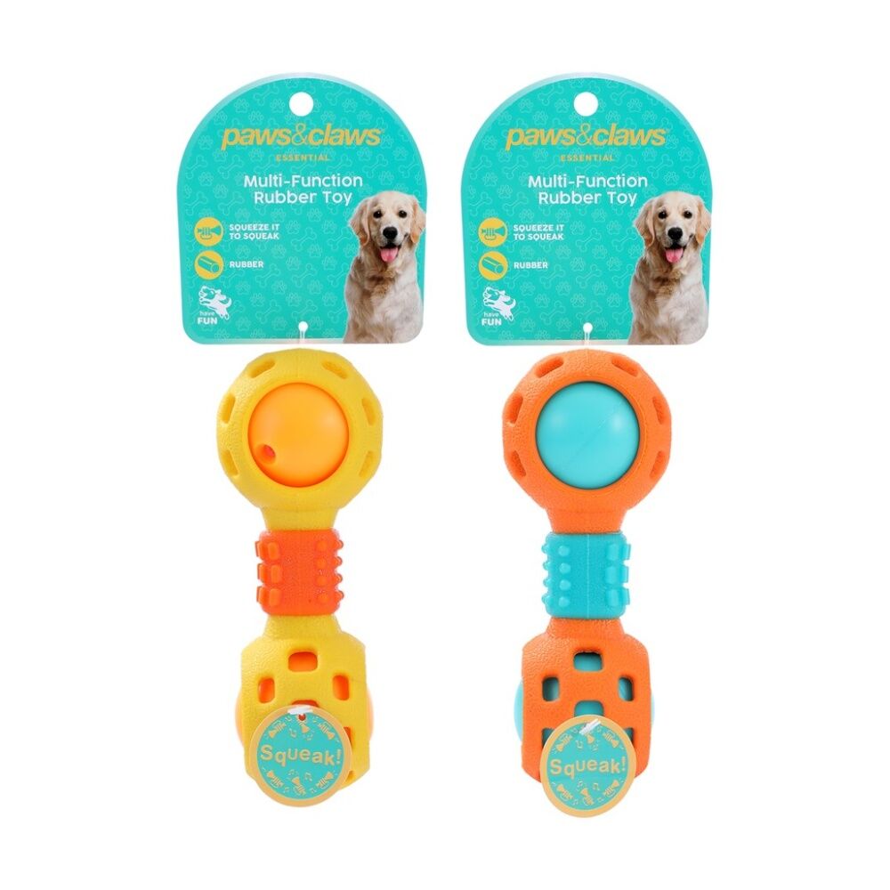 Paws and Claws TPR Dumbell With Squeaky Ball - Multi Function Rubber Toy - 15.5cm Assorted Colours Dog Toy — image 2