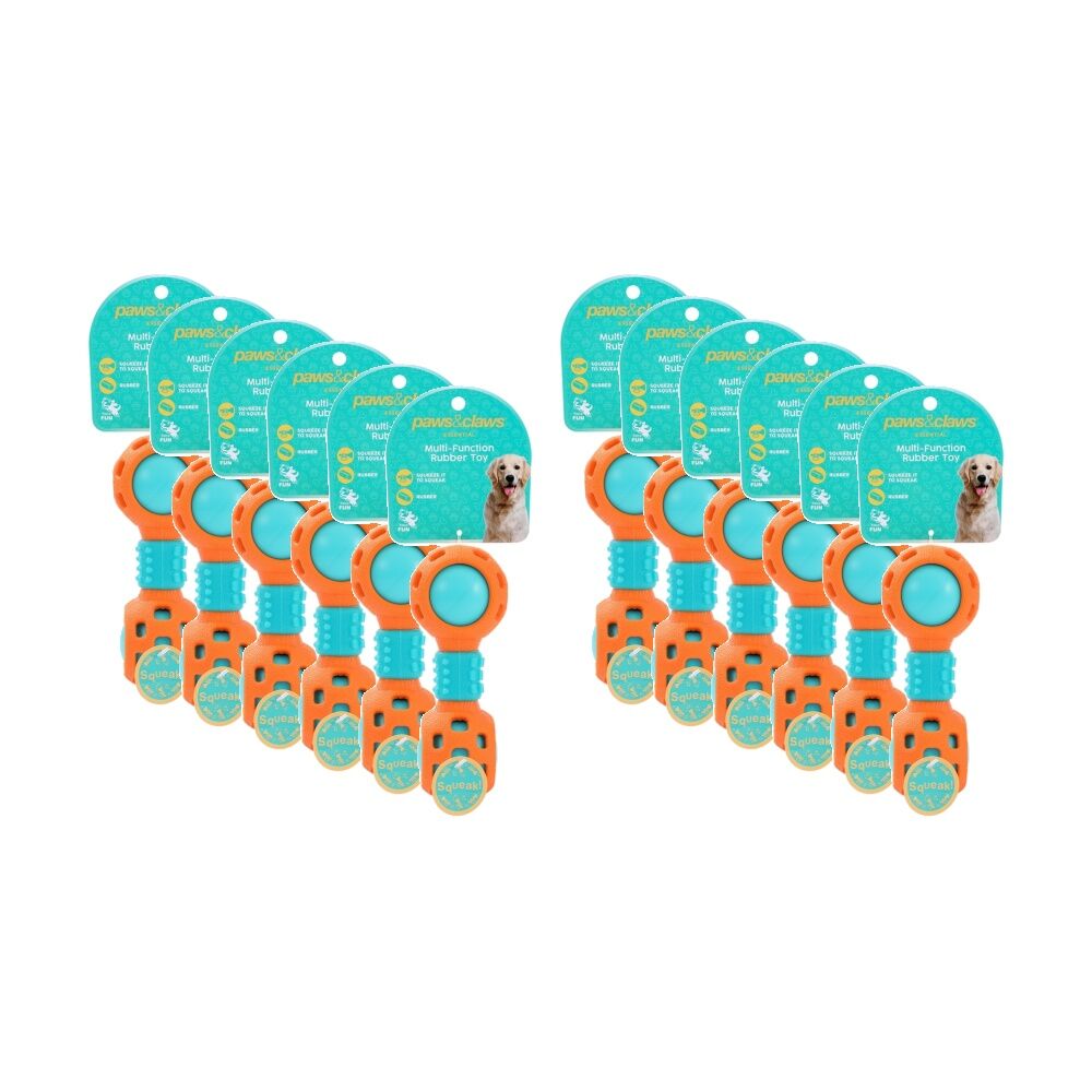 Paws and Claws Multi-Function Dumbell Dog Chew Toy w/ Squeaky Ball Assorted (12 Pack)