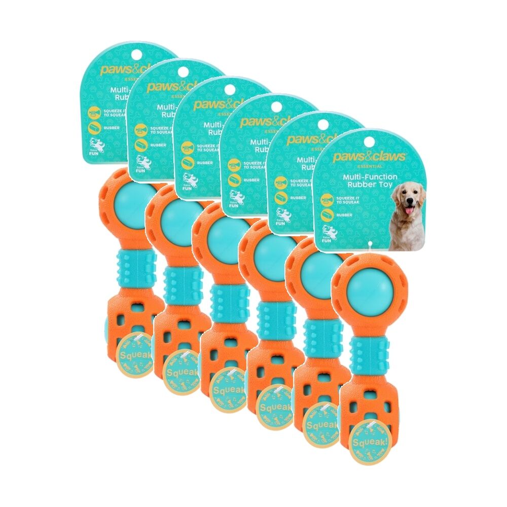 Paws and Claws Multi-Function Dumbell Pet Dog Chew Toy w/ Squeaky Ball Assorted (6 Pack)