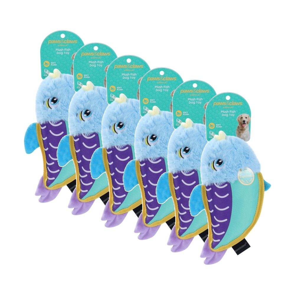 Paws and Claws Plush Fish Interactive Pet Dog Chew/Cuddle Squeaker Toy 25x13cm (6 Pack)