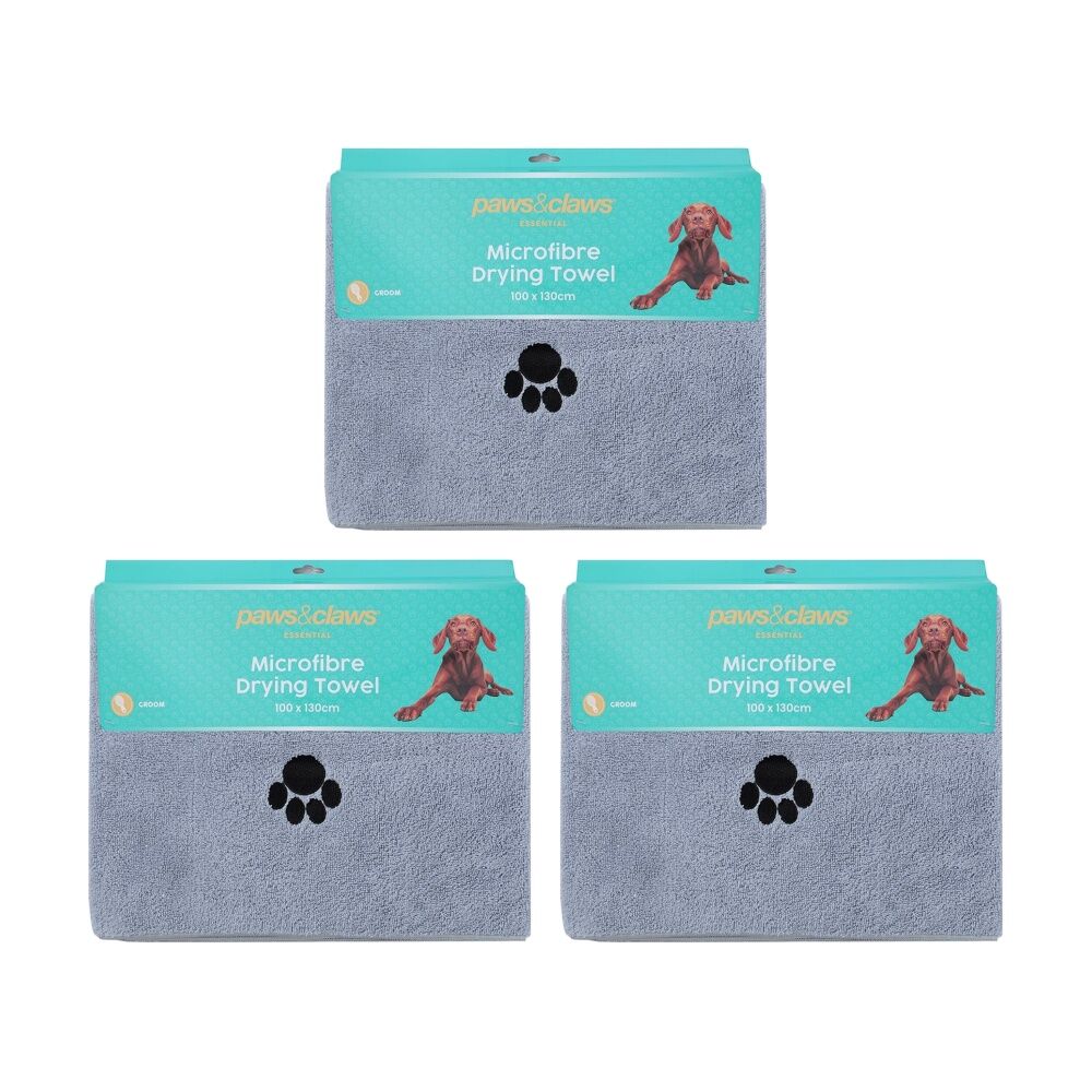 Paws and Claws Absorbent Microfibre Pet Dog/Cat Drying Towel Large 100x130cm (3 Pack)