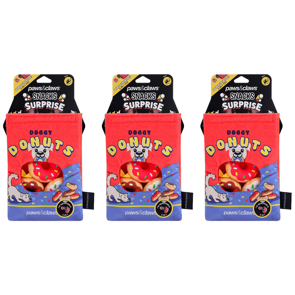Paws and Claws Snack Surprise Doggy Donuts Dog Chew Squeaker Toy 20x14.5x5cm (3 Pack)