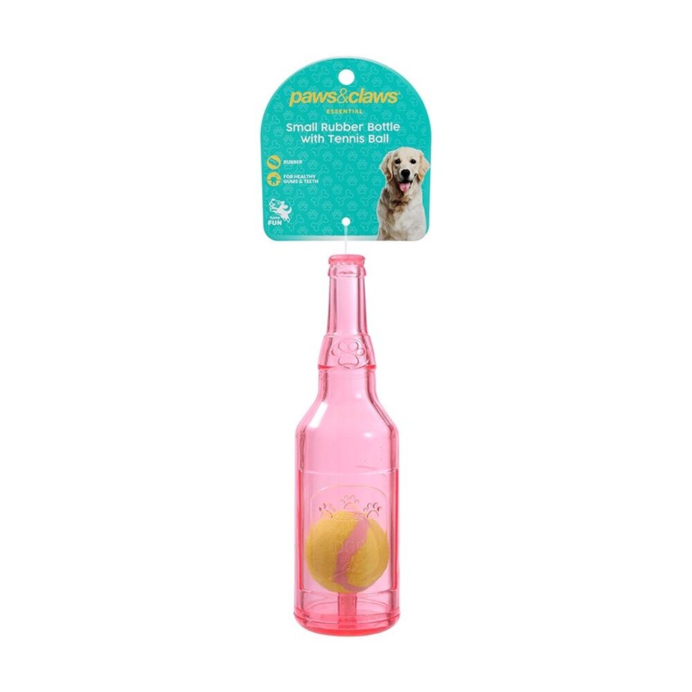 Paws and Claws TPR Bottle + Tennis Ball Toy Built-in Squeaker Assorted Colours 25x7.5cm Size — Small