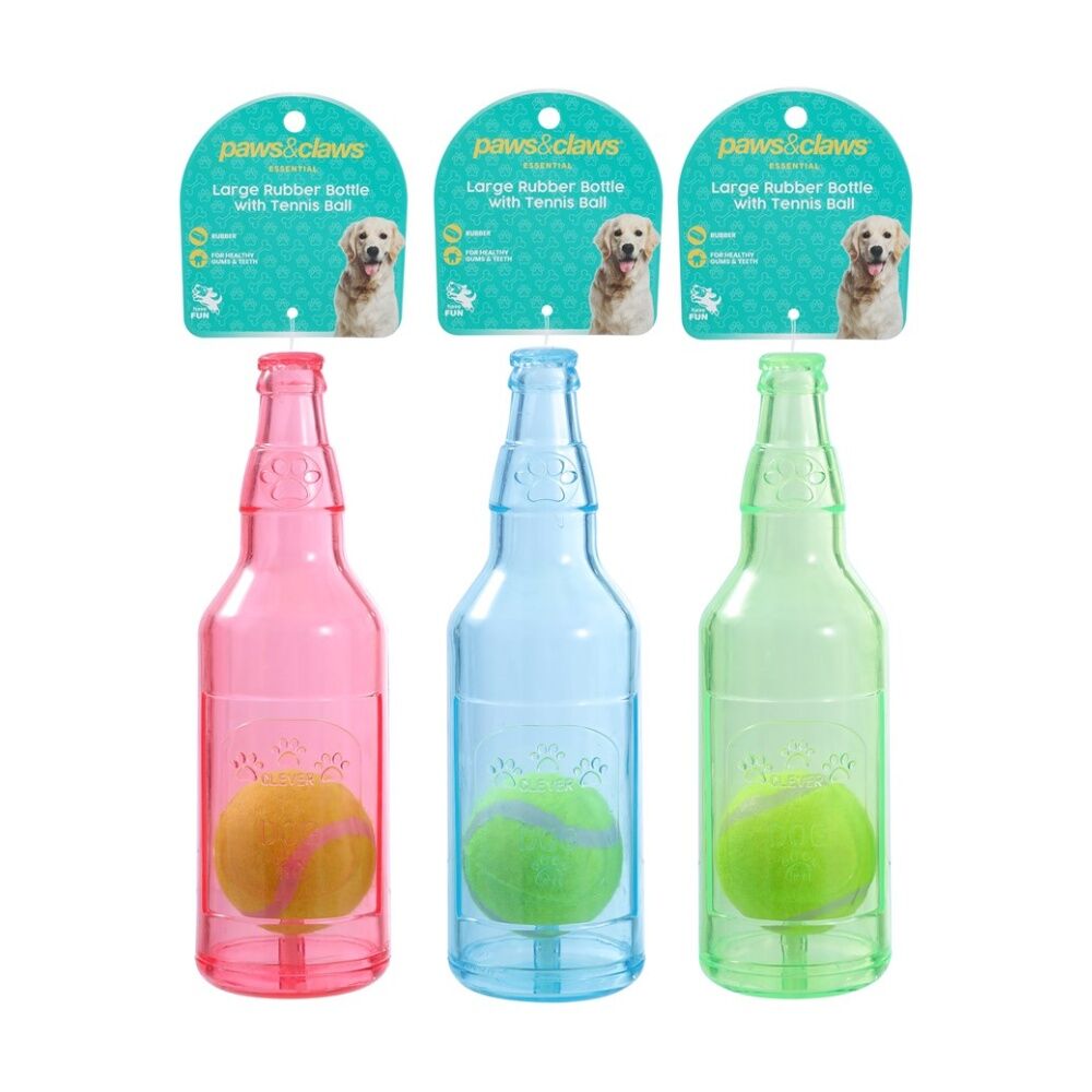 Paws and Claws TPR Bottle + Tennis Ball Toy Built-in Squeaker Assorted Colours 25x7.5cm Size — image 2