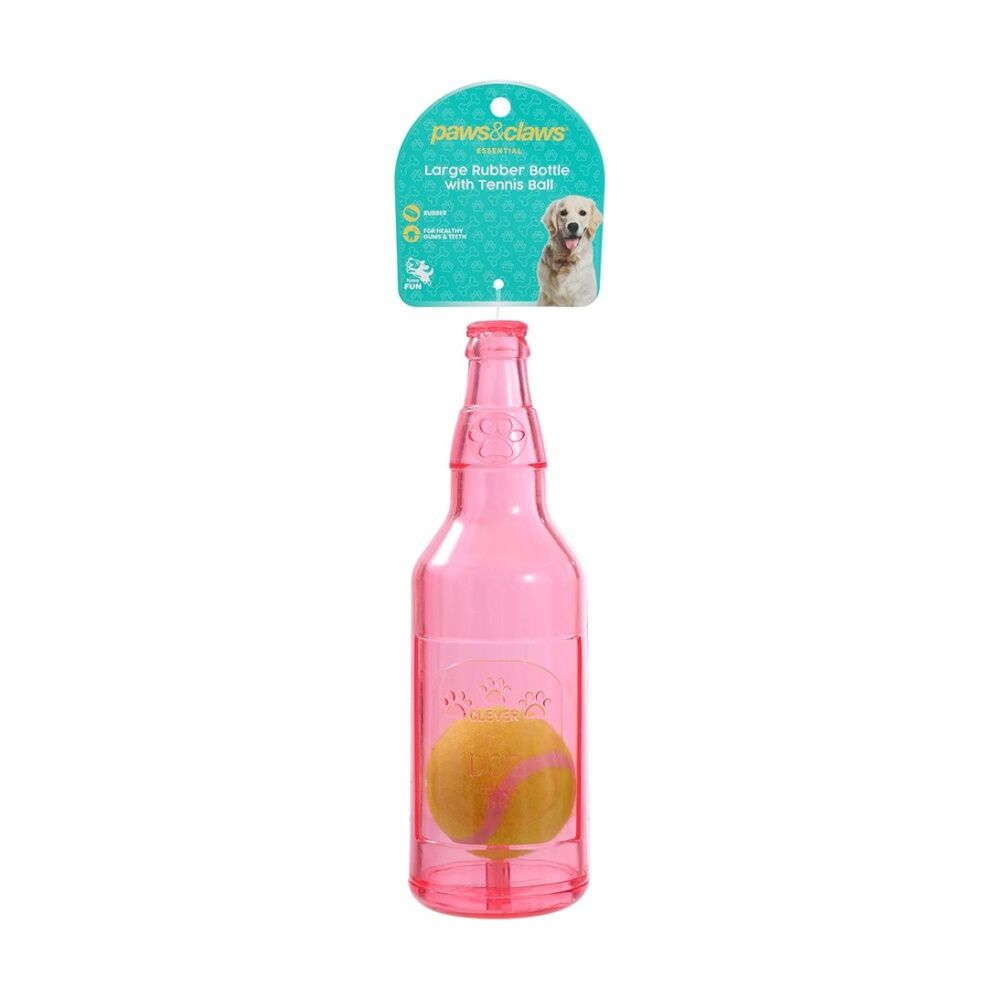 Paws and Claws TPR Bottle + Tennis Ball Toy Built-in Squeaker Assorted Colours 25x7.5cm Size — Large