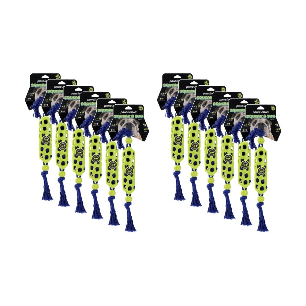 Paws and Claws Squeak & Tug Baton/Rope Dog Chew/Fetch Toy 45x5x5cm Assorted (12 Pack)