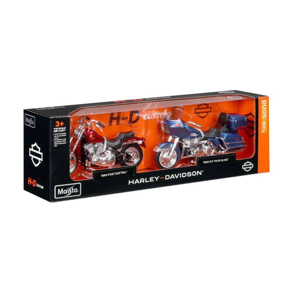 Maisto 1:18 Motorcycle Duos 2 Pack 1980's Die-Cast Model Set - Harley-Davidson Replica - Red and Blue with Chrome Accents