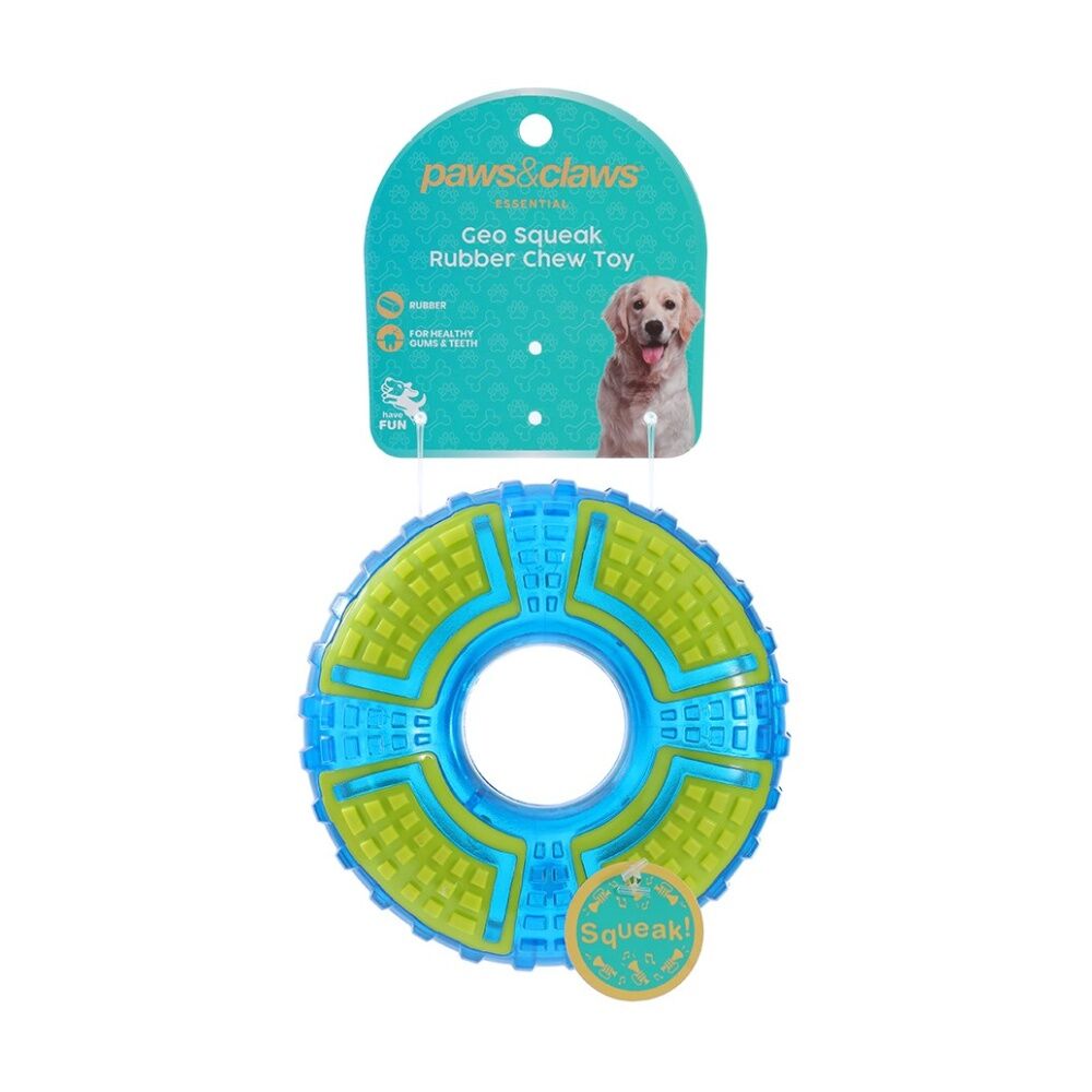 Paws and Claws Geo Squeak + Chew TPR Toys - Assorted Designs - Built In Squeaker - 7.5cm Ball, 12.5x4.5cm Ring, 15x5cm Baton