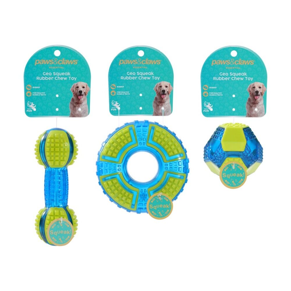 Paws and Claws Geo Squeak + Chew TPR Toys - Assorted Designs - Built In Squeaker - 7.5cm Ball, 12.5x4.5cm Ring, 15x5cm Baton — image 2