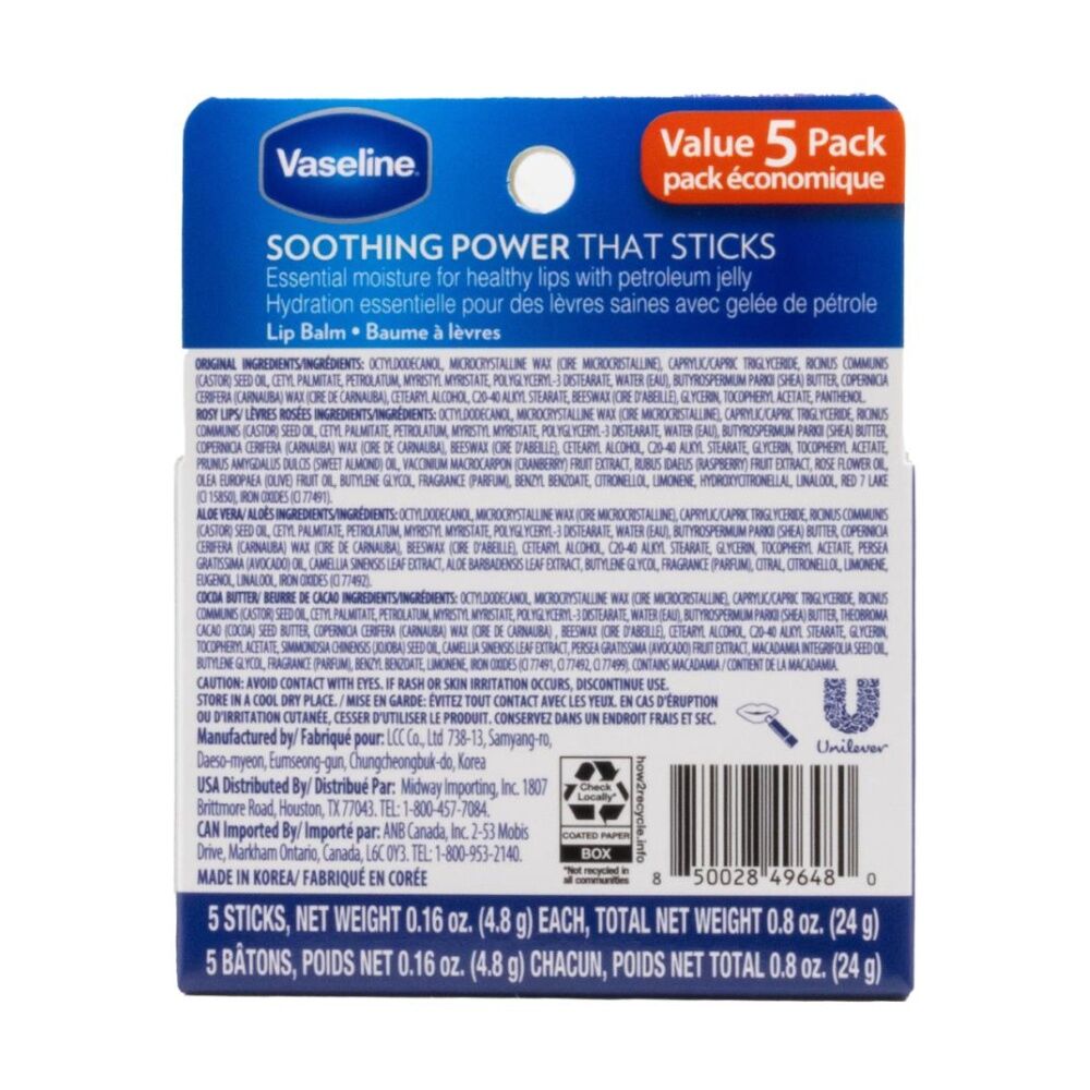 Vaseline 5pc Vaseline Petroleum Jelly Lip Therapy Moisturising Balm 4.8g Assorted (2 Pack) — image 3
