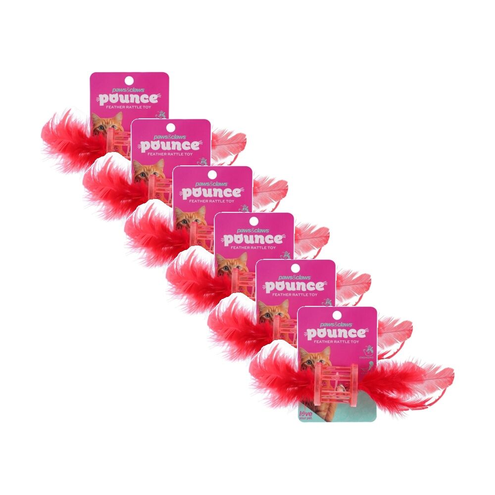 Paws and Claws Pounce Feather Rattle Pet Cat Batting/Pouncing Toy Assorted (6 Pack)