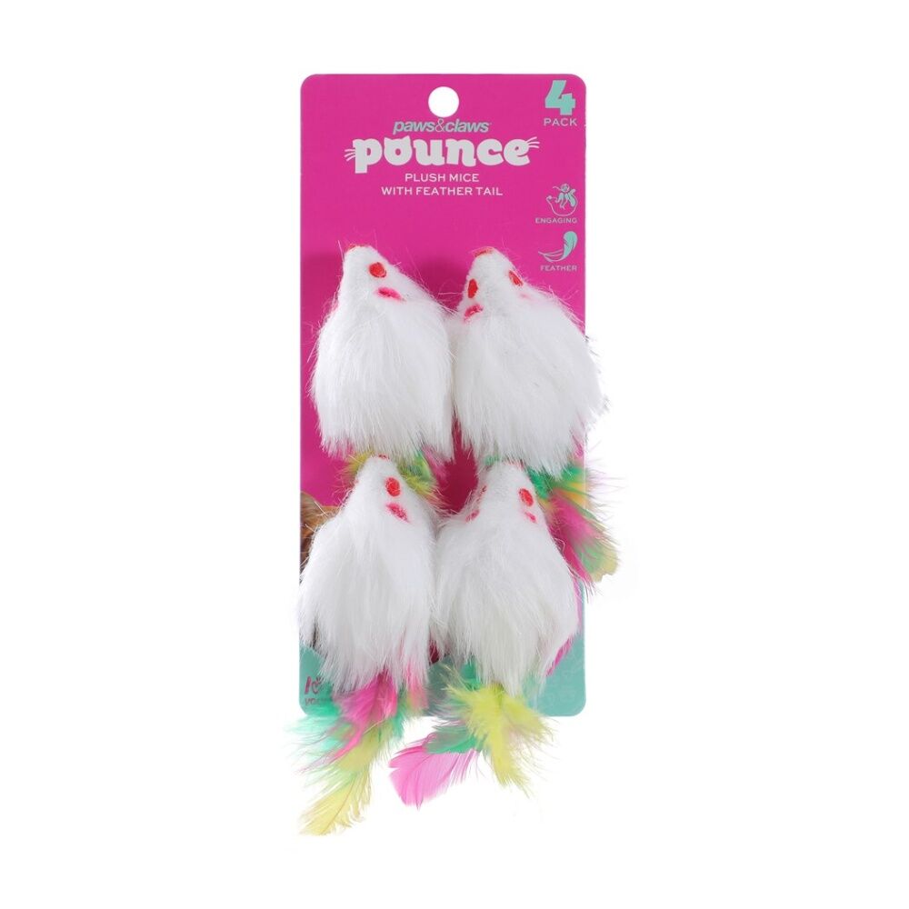 Paws and Claws Cat Toy Pounce Plush Mice Feather Tail Pack 9x5x4.3cm (4 Pieces)