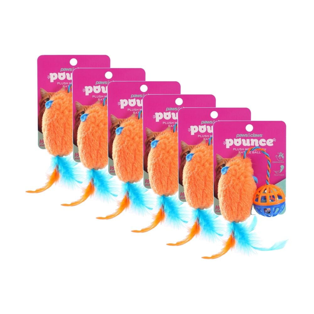 Paws and Claws Plush Mouse Cat Batting/Pouncing Toy w/ Rattle Ball Assorted (6 Pack)