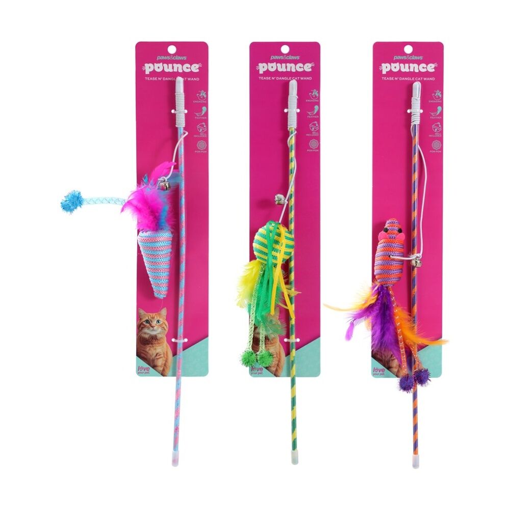 Paws and Claws Pounce Tease N Dangle Pet Cat Toy Wand Assorted 46x0.4cm - Bell Included - Promotes Healthy Cat - Stimulation - Suitable For Cats — image 2