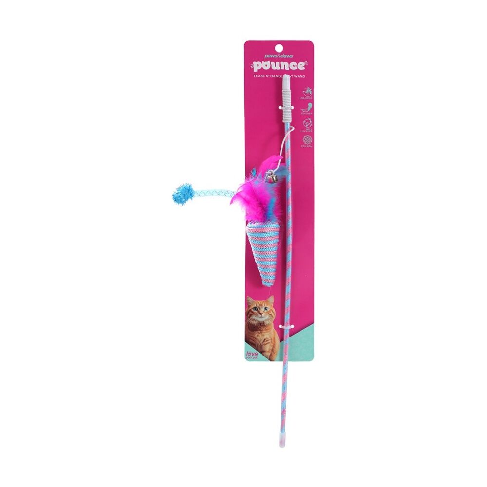 Paws and Claws Pounce Tease N Dangle Pet Cat Toy Wand Assorted 46x0.4cm - Bell Included - Promotes Healthy Cat - Stimulation - Suitable For Cats