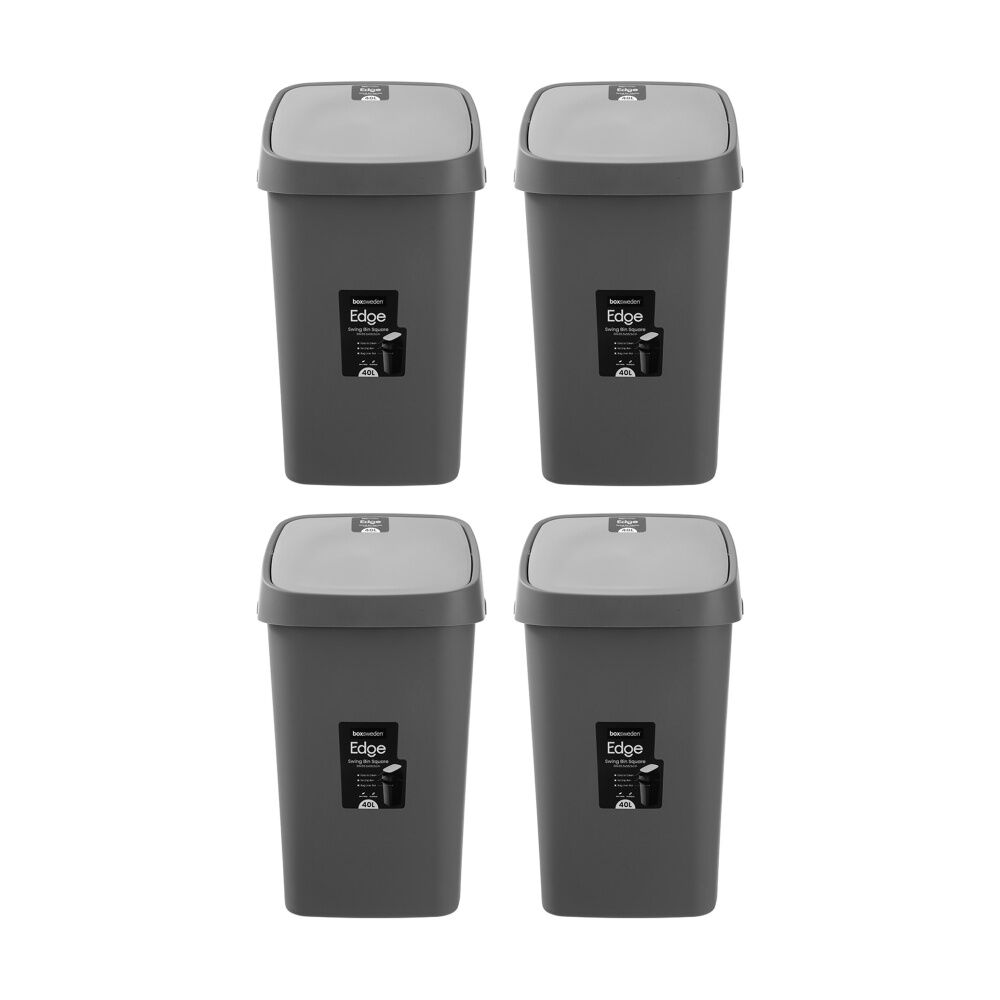 Boxsweden Edge Swing Easy Clean Rubbish Bin w/ No Drip Rim Char Square 40L (4 Pack)