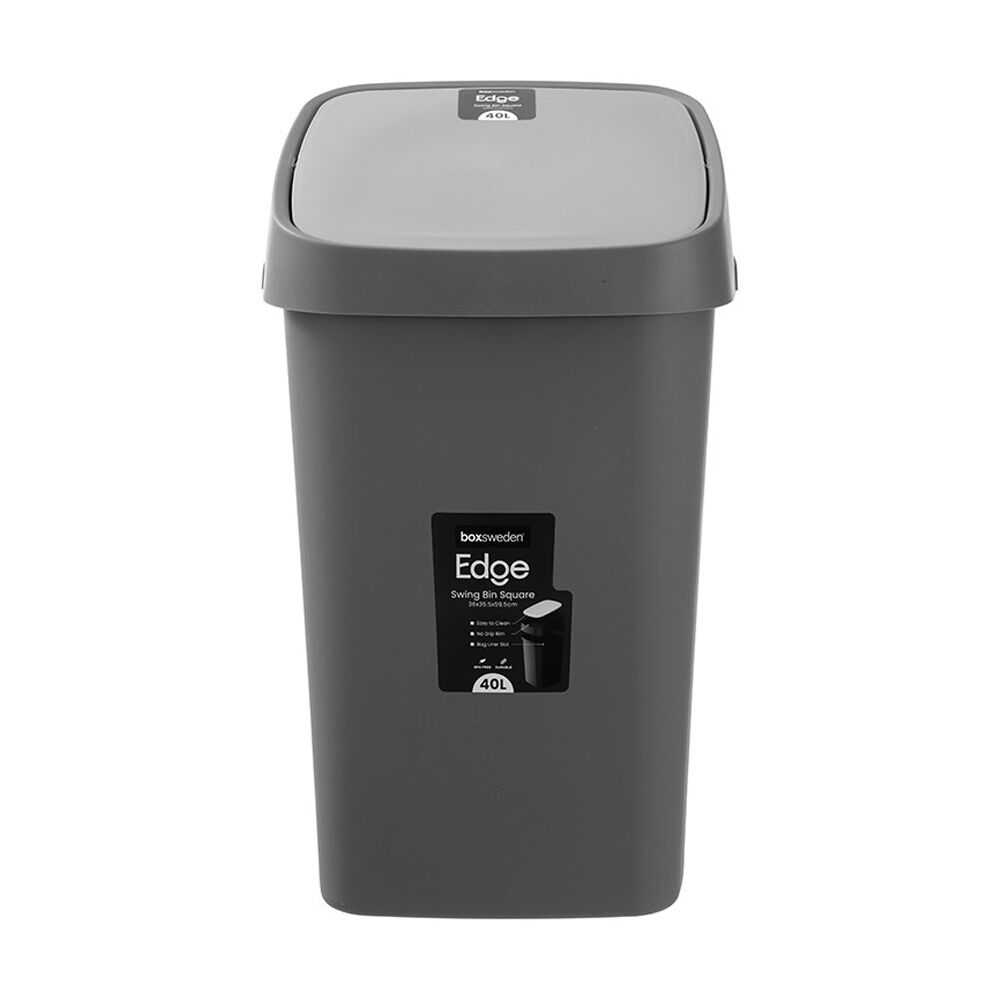 Boxsweden Edge Swing Easy Clean Rubbish Bin w/ No Drip Rim Char Square 40L (4 Pack) — image 2
