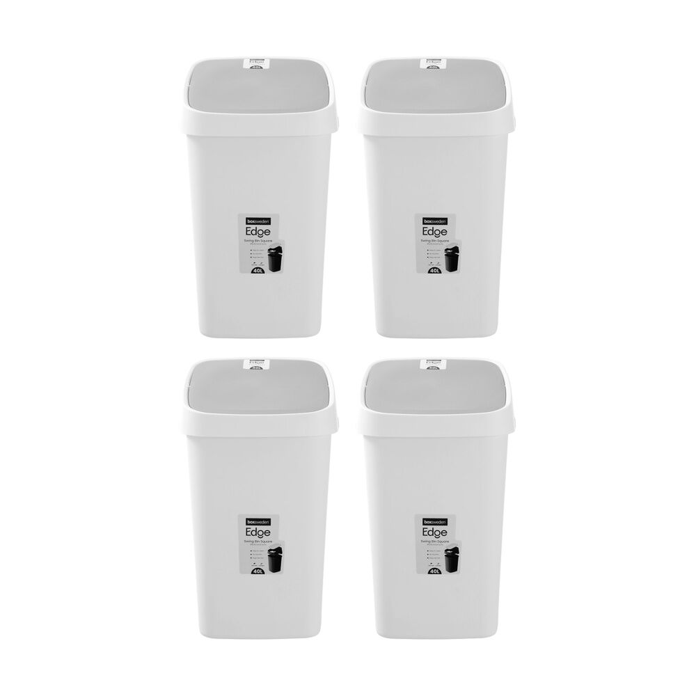Boxsweden Edge Swing Easy Clean Rubbish Bin w/ No Drip Rim White Square 40L (4 Pack)