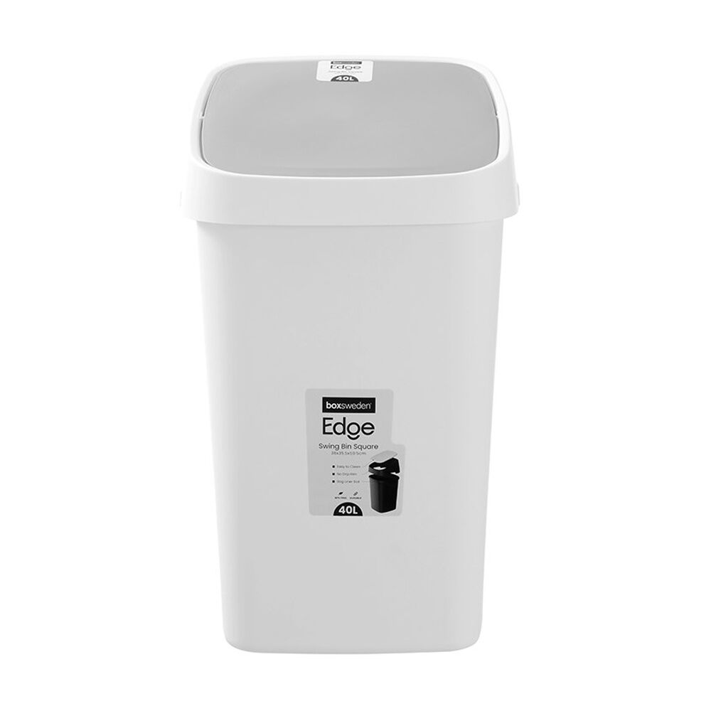 Boxsweden Edge Swing Easy Clean Rubbish Bin w/ No Drip Rim White Square 40L Boxsweden
