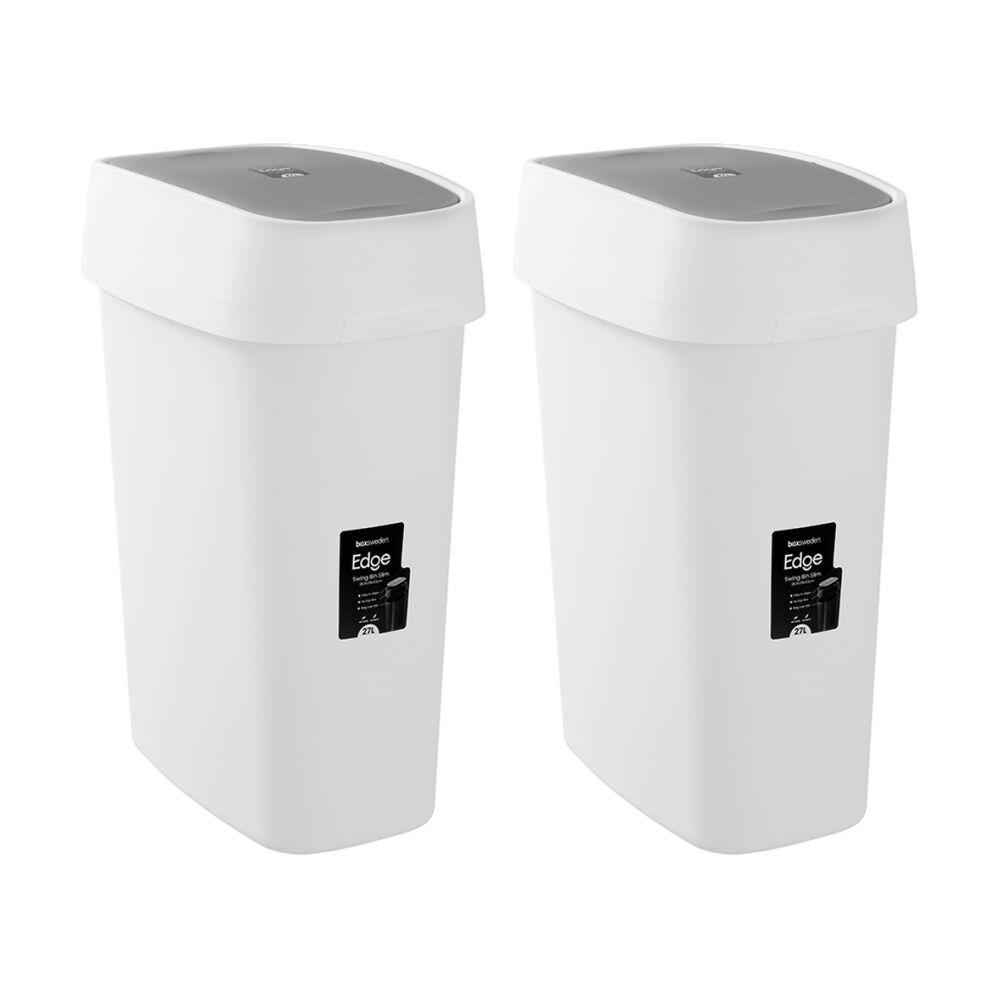 Boxsweden Edge Swing Easy Clean Rubbish Bin w/ No Drip Rim White Slim 27L (2 Pack)
