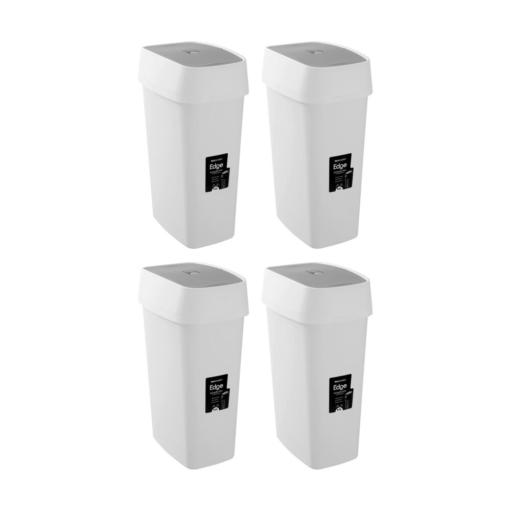 Boxsweden Edge Swing Easy Clean Rubbish Bin w/ No Drip Rim White Slim 50L (4 Pack)