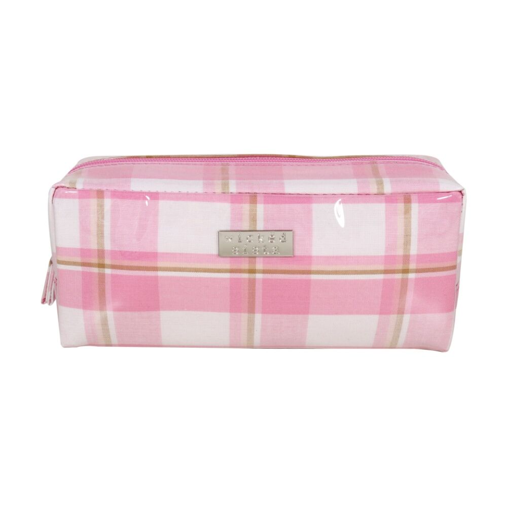 Wicked Sista WS Modern Check Rectangular Cos Bag - Compact 22cm x 10cm x 7cm Storage Pouch Pink 22x10x7cm