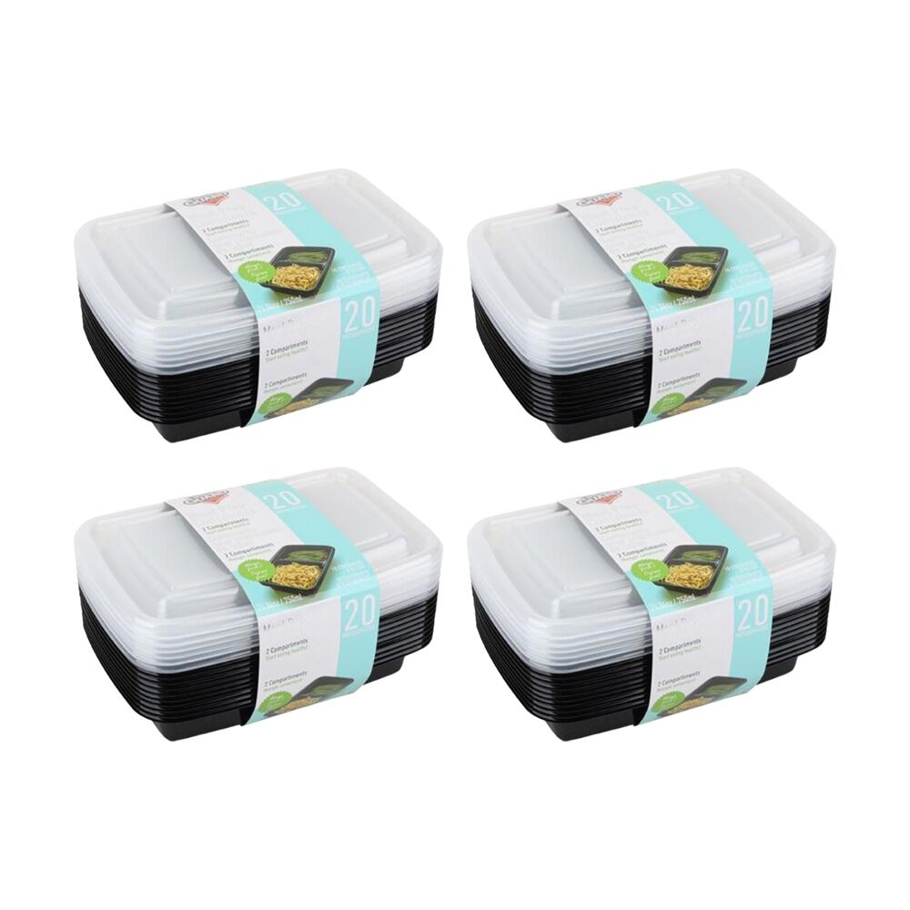 Fresh Guard 20pc Fresh Guard Plastic Bento Style Containers w/ 2 Sections 750mL (4 Pack)