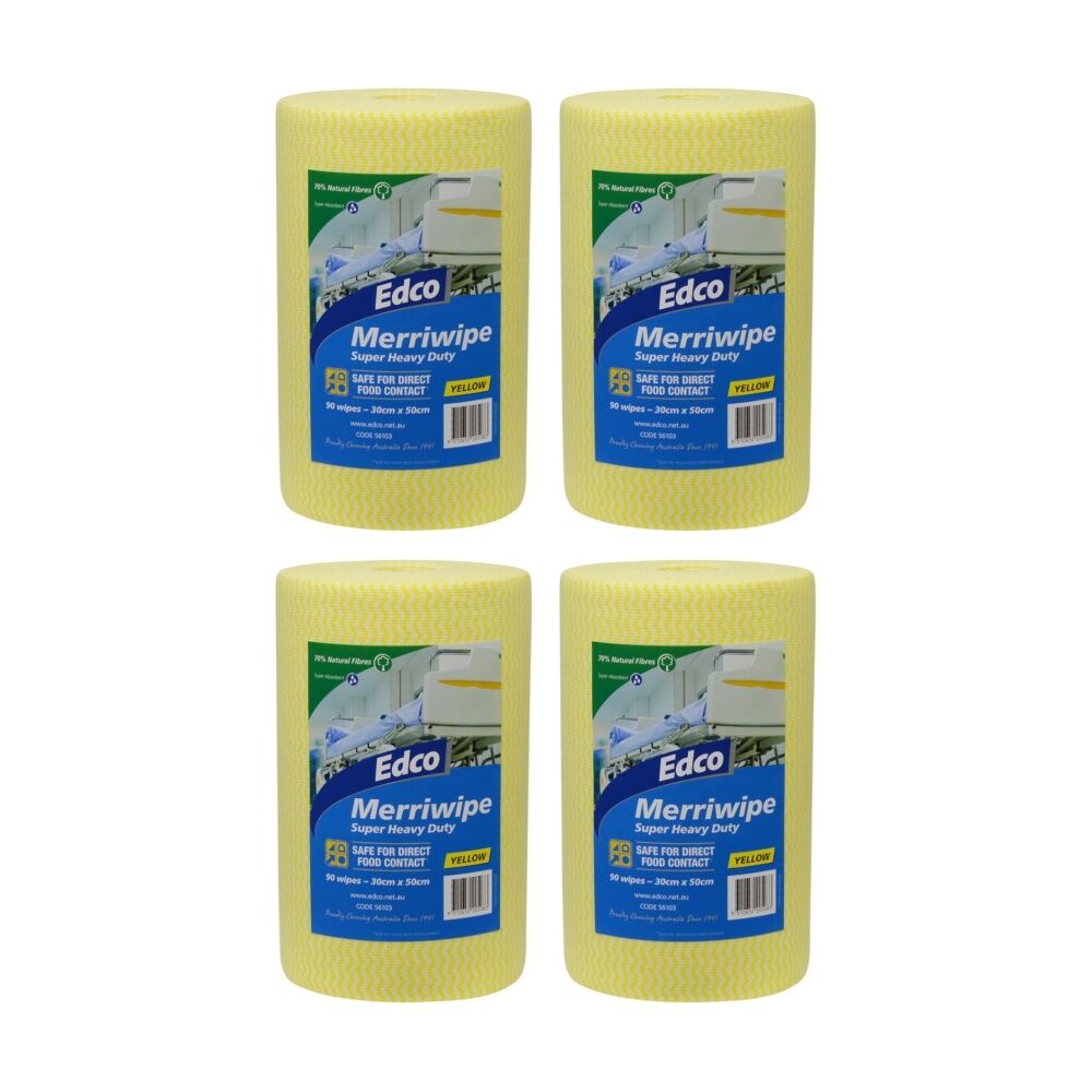 Edco 90pc Edco Merriwipe Super Heavy Duty Thick Cleaning Absorption Wipes Roll Yellow (4 Pack)