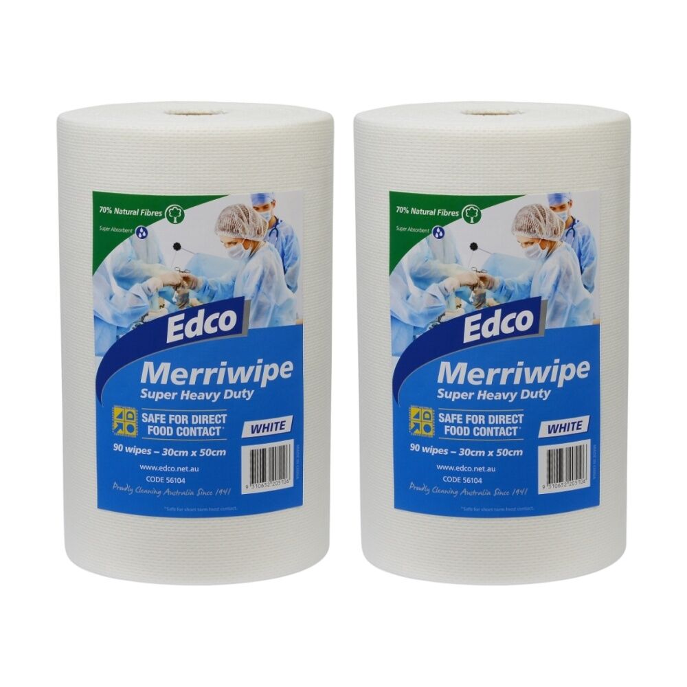 Edco 90pc Edco Merriwipe Heavy Duty Thick Cleaning Absorption Wipes Roll White (2 Pack)