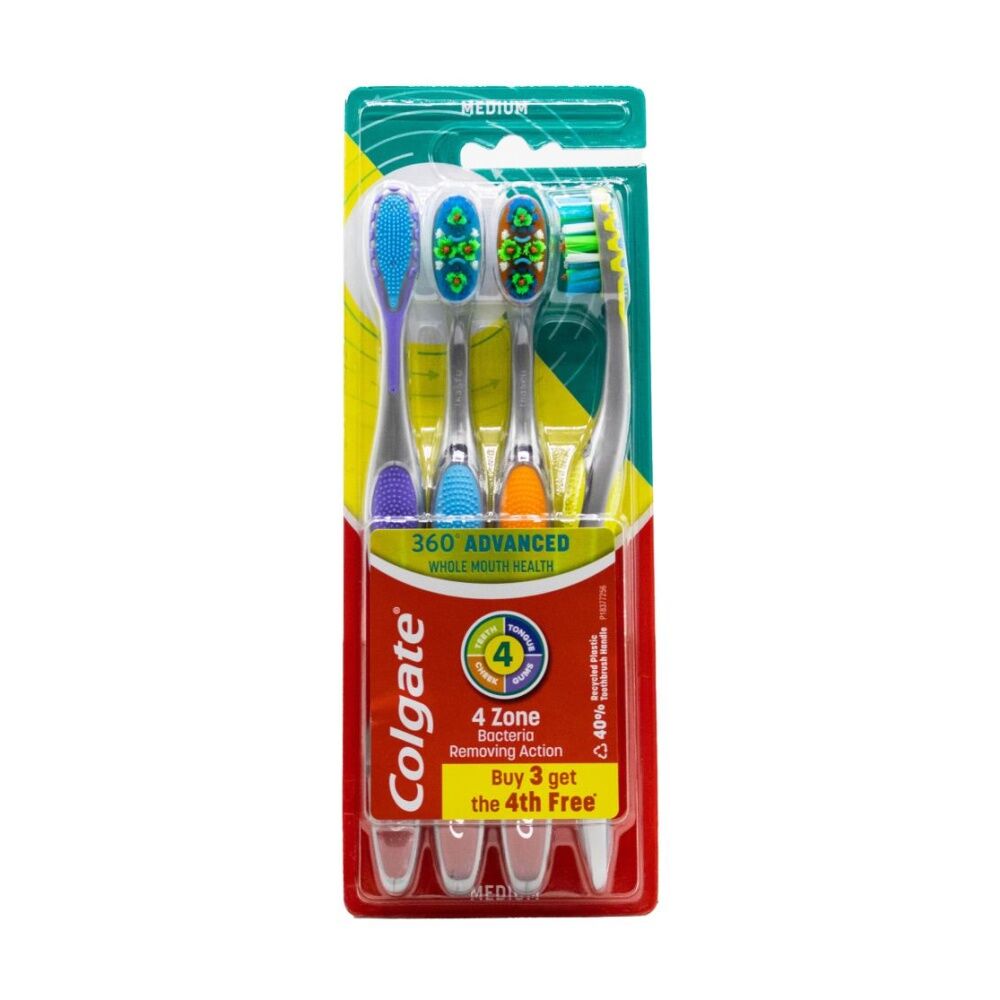 Colgate 4pc Colgate 360 Advanced Toothbrushes w/ Tongue & Cheek Cleaner Assorted M (3 Pack) — image 2