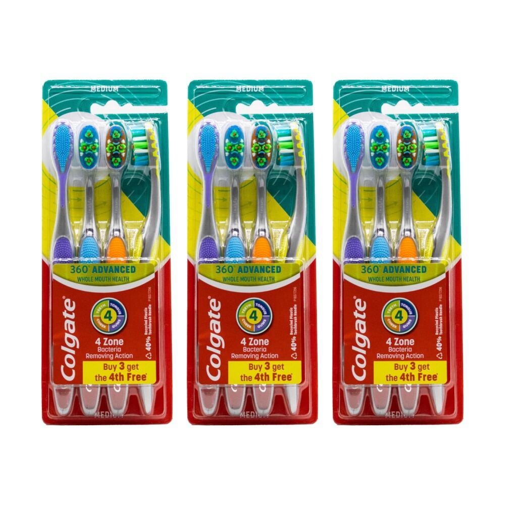 Colgate 4pc Colgate 360 Advanced Toothbrushes w/ Tongue & Cheek Cleaner Assorted M (3 Pack)