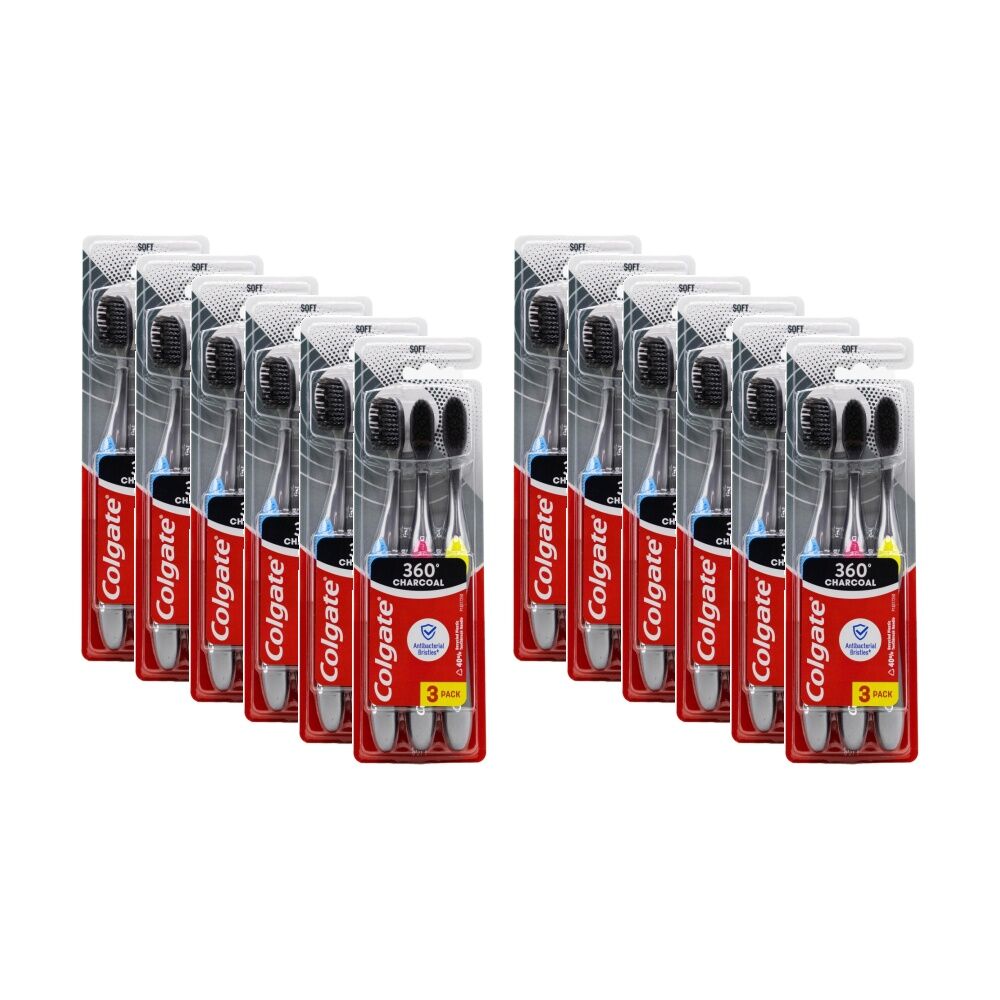 Colgate 3pc Colgate 360 Charcoal Toothbrushes w/ Tongue & Cheek Cleaner Assorted (12 Pack)