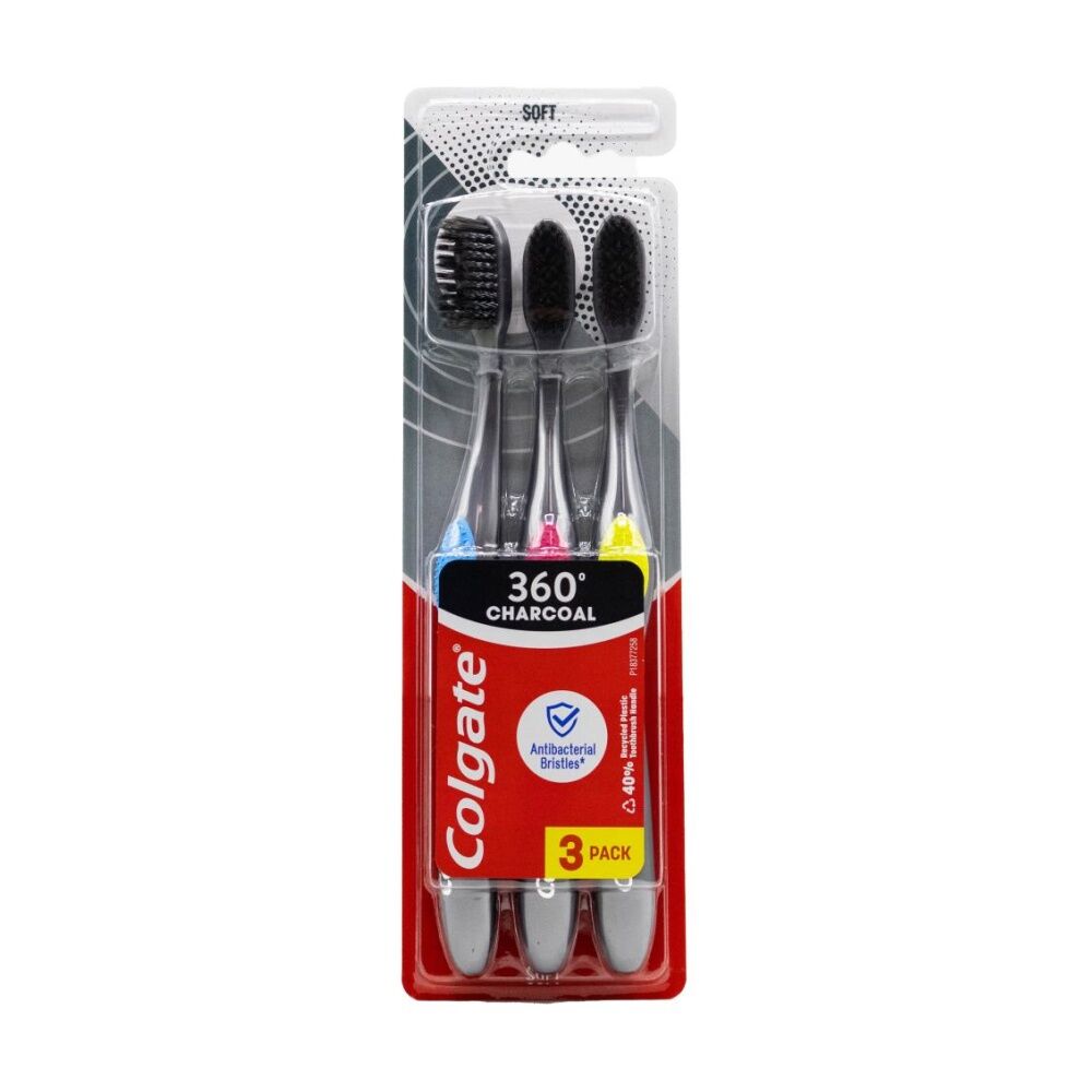 Colgate 3pc Colgate 360 Charcoal Toothbrushes w/ Tongue & Cheek Cleaner Assorted Soft (6 Pack) — image 2