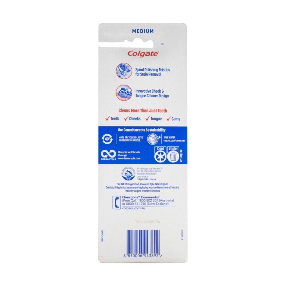Colgate 4pc Colgate 360 Advanced Optic White Toothbrushes Assorted Medium (3 Pack) — image 3