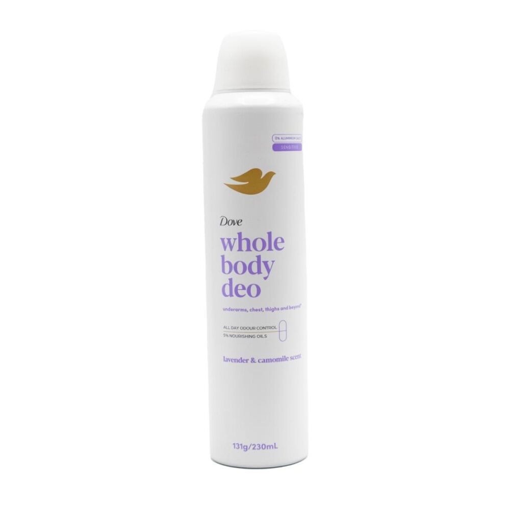 Dove 131g / 230ml Deodorant Antiperspirant Whole Body Deo All Day Odour Control Sensitive Lavender And Camomile Scent - Dermatologically Tested